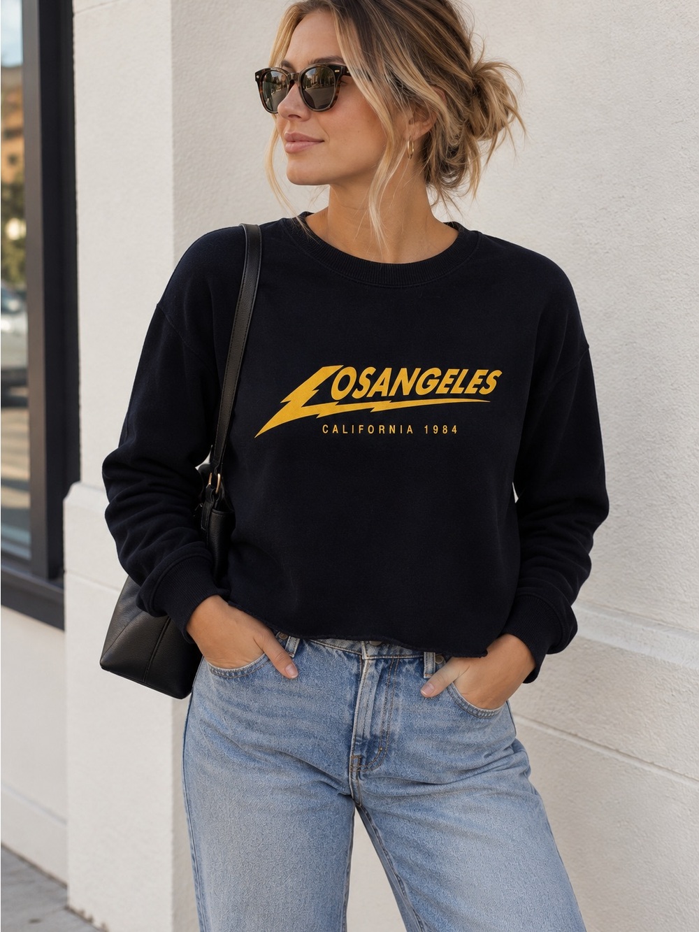 Brandy Melville Los Angeles California 1984 Black Cropped Sweatshirt Gold Graphi